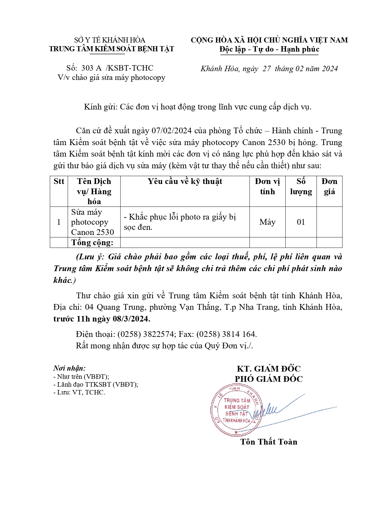 V/v chào giá sửa máy photocopy